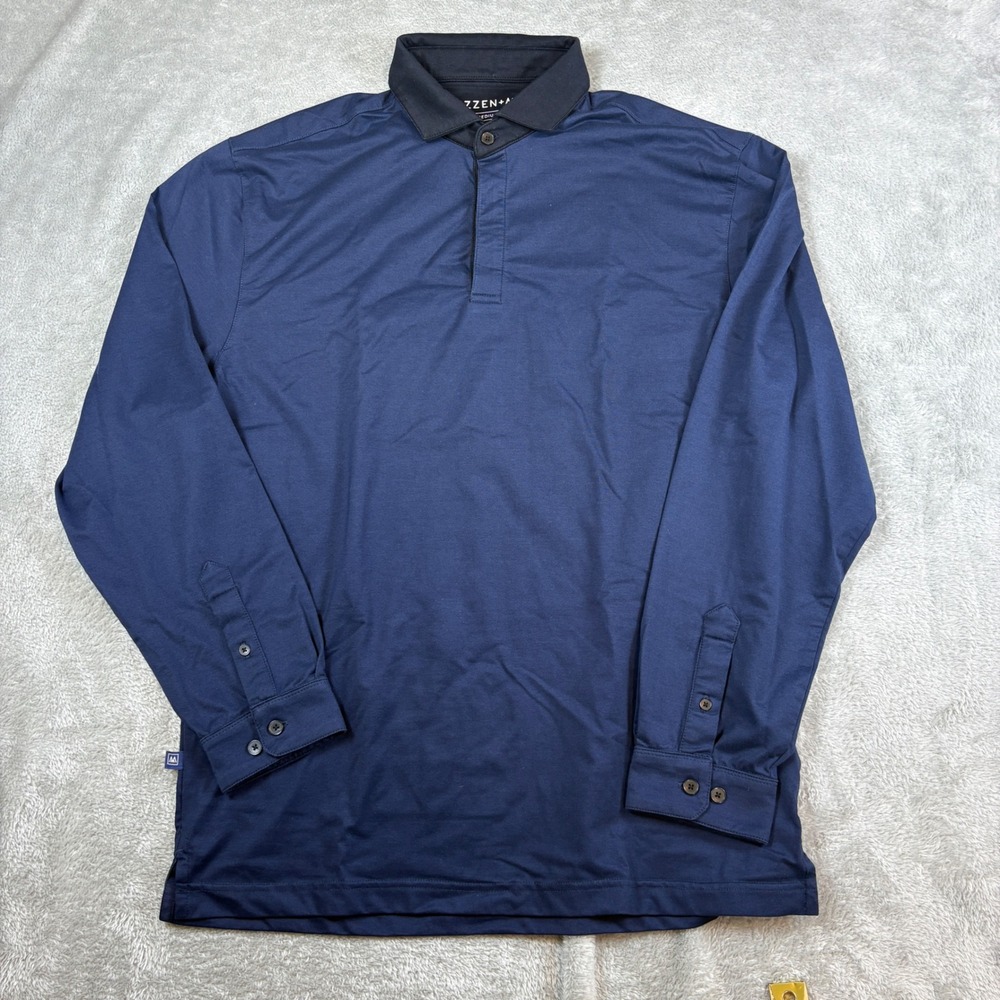 Mizzen+Main Shirt Mens Medium Trim Fit Performance Long Sleeve Polo Navy Stretch